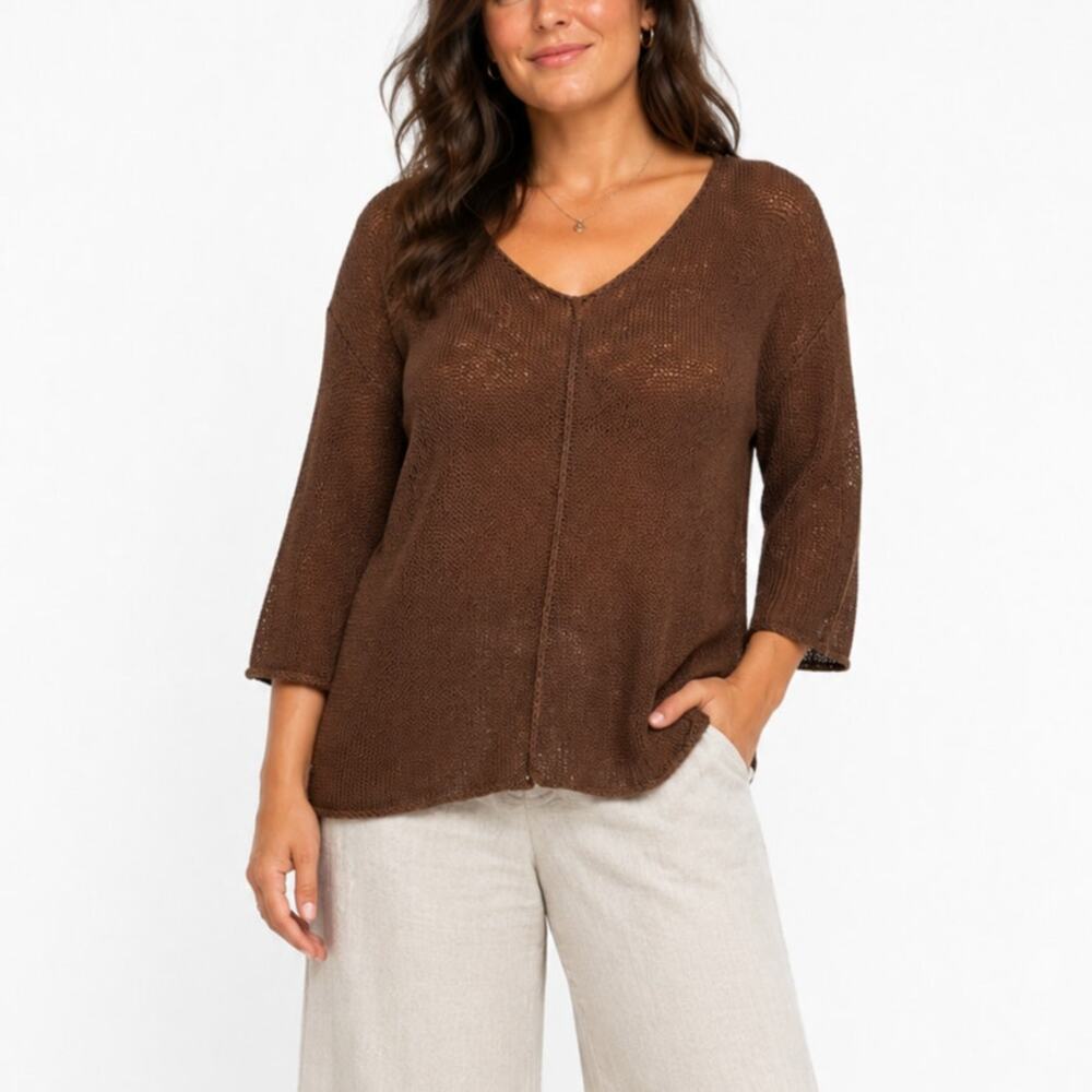 J. Jill Mercerized Cotton Open Knit Sweater Brown Size L